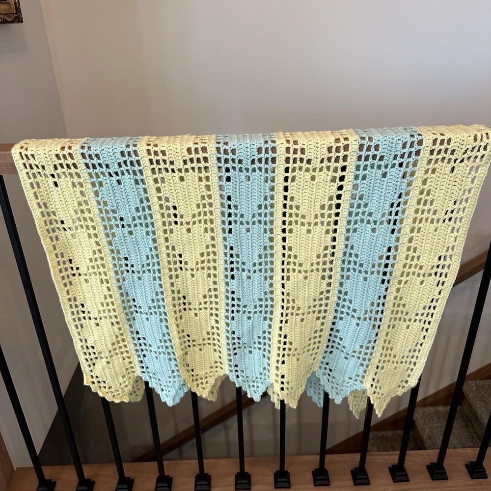 Handmade Pastel Yellow and Light Blue Crochet Throw Blanket